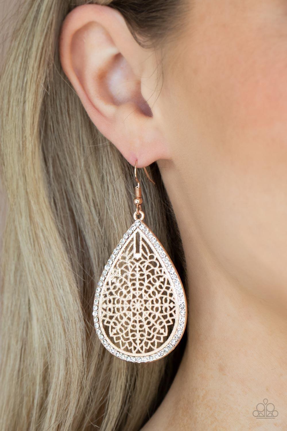 Paparazzi Accessories - Fleur De Fantasy - Rose Gold Earrings - Bling by JessieK