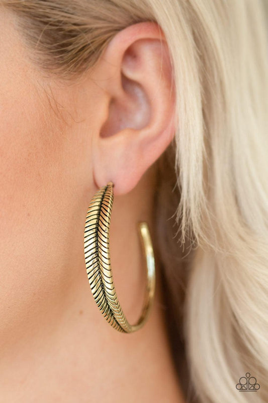 Paparazzi Accessories - Funky Feathers - Brass Hoop Earrings - Bling by JessieK