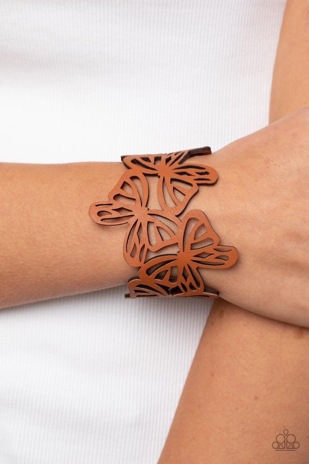 Paparazzi Accessories - Butterfly Breeze - Brown Snap Bracelet - Bling by JessieK