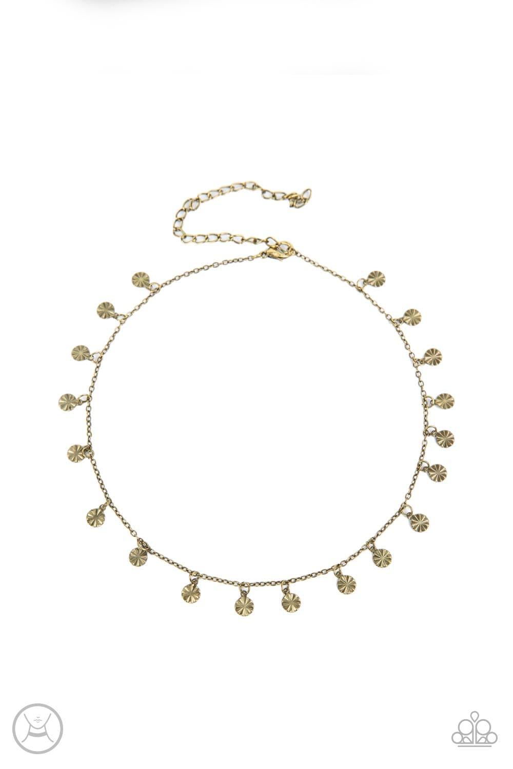 Paparazzi Accessories - Chiming Charmer - Brass Choker Necklace - Bling by JessieK