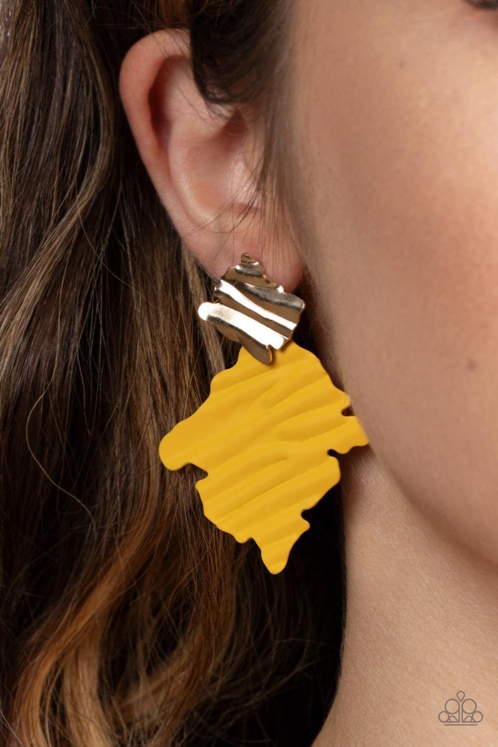 Paparazzi Accessories - Crimped Couture - Yellow Earrings - Bling by JessieK