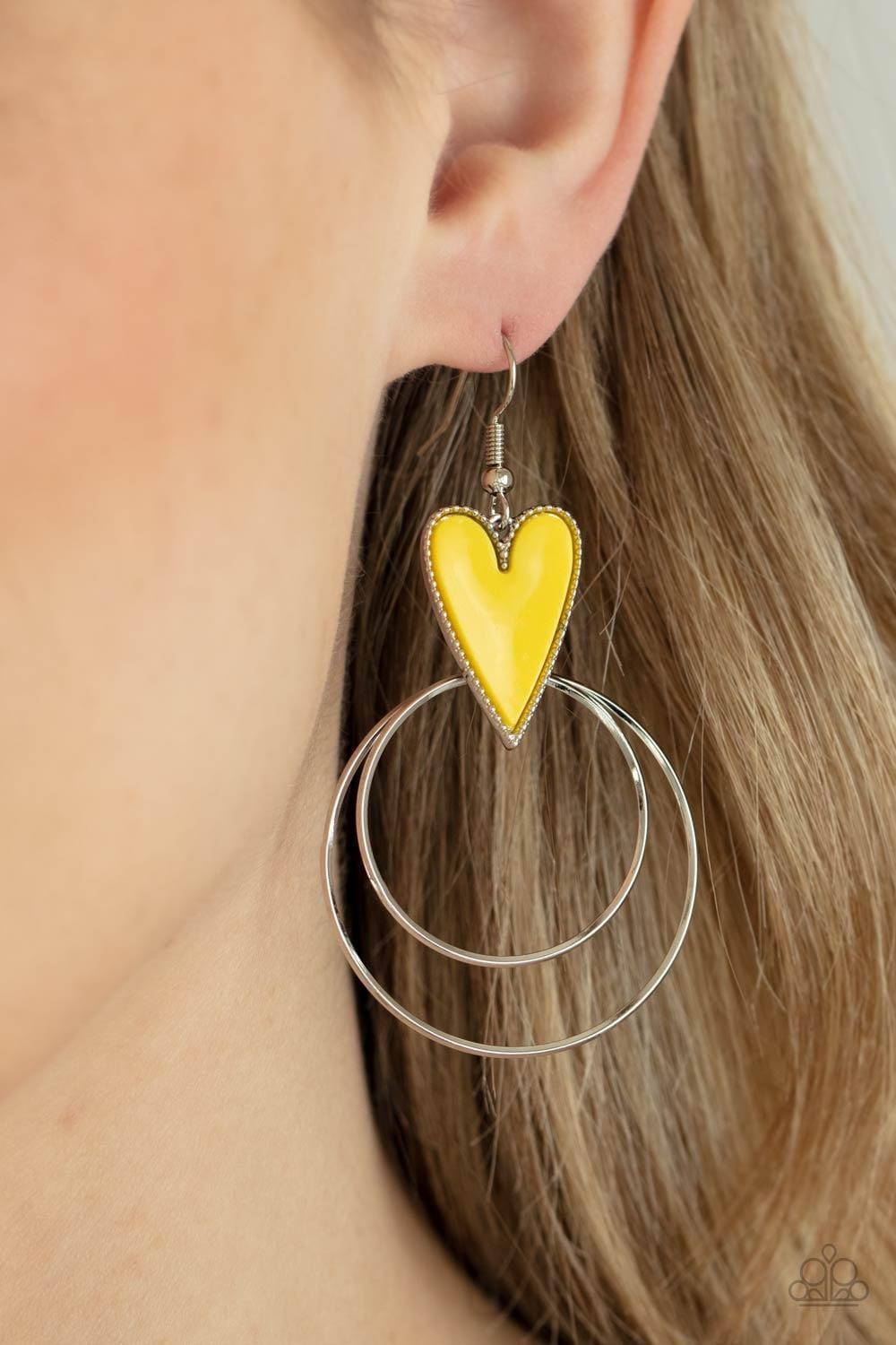 Paparazzi Accessories - Happily Ever Hearts - Yellow Earring - Bling by JessieK