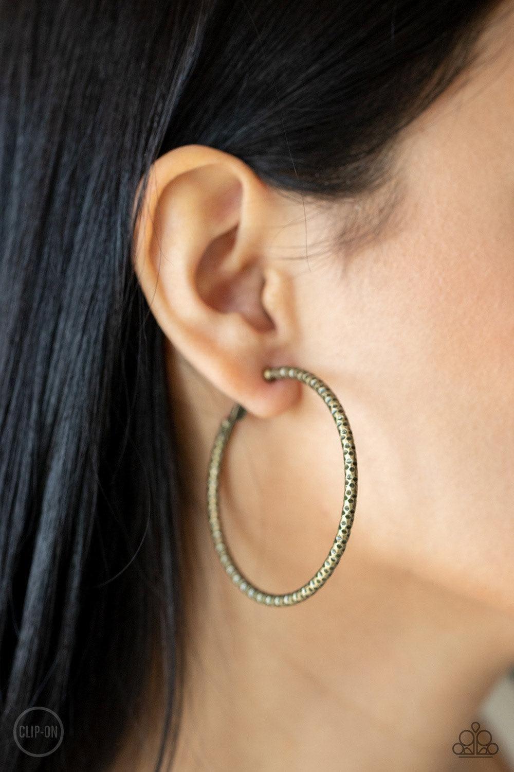 Paparazzi Accessories - Subtly Sassy - Brass Clip-on Hoop Earrings - Bling by JessieK