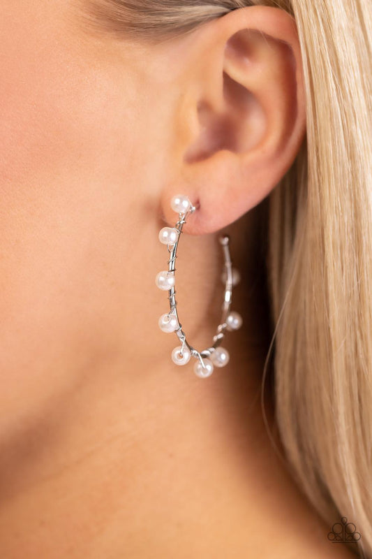 Paparazzi Accessories - Night at the Gala - White Pearl Hoop Earrings - Bling by JessieK